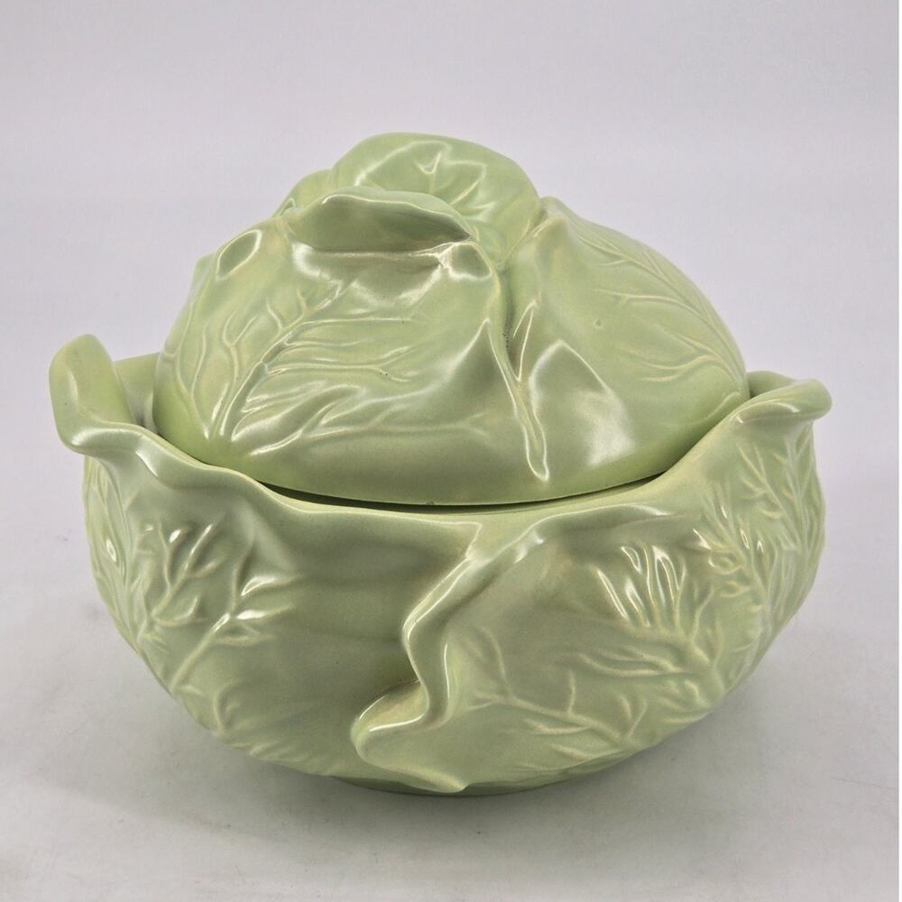 Vintage 80s Whimsical Holland Mold Green Cabbage or Lettuce Bowl with Lid Signed